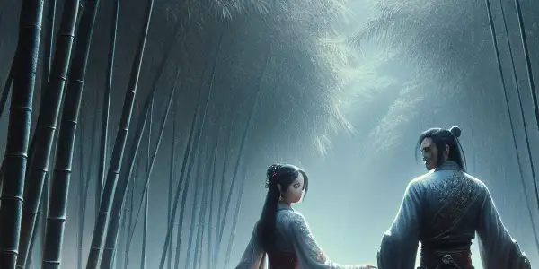 A moonlit bamboo forest with two martial artists expressing longing and tension amidst a backdrop of mystique and passion.