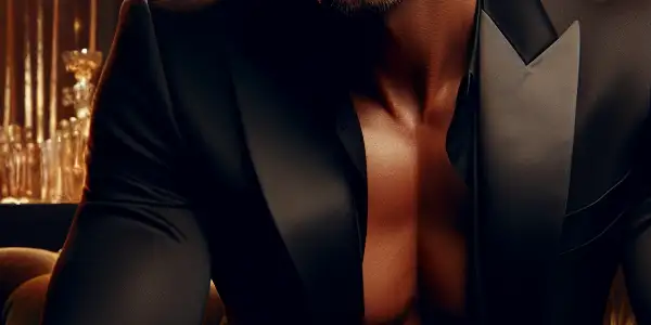 A charismatic Rocco Siffredi in a luxurious lounge, exuding dominance and allure, surrounded by film industry elements.