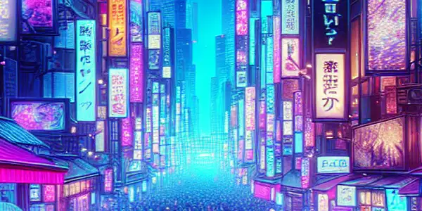 A vibrant, neon-lit Tokyo street scene featuring stylish individuals discussing adult entertainment amidst cherry blossoms and urban architecture.