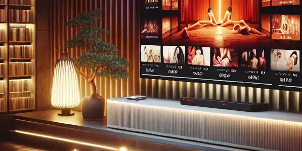 A modern living room at night featuring a high-definition screen displaying romantic adult content and elegant decor.