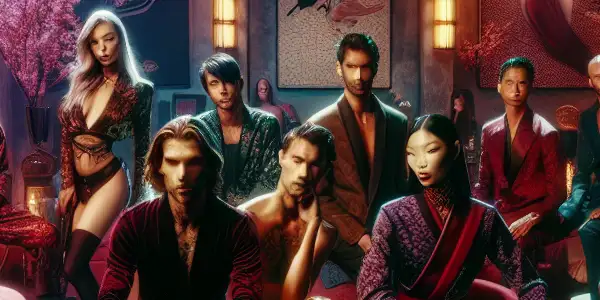 An enchanting, luxurious room filled with elegantly dressed individuals engaged in playful, sensual storytelling.