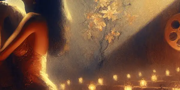 A passionate couple embraces in a dimly lit theater, surrounded by artistic elements and an intimate atmosphere.