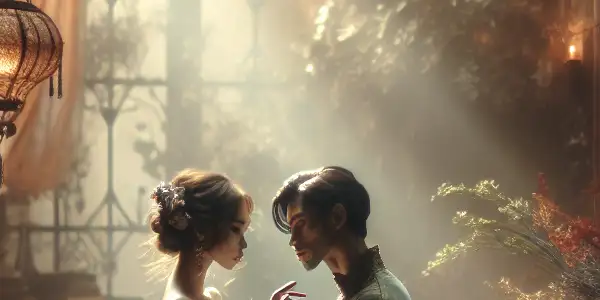 A cozy, softly lit room depicting an intimate connection between two figures, emphasizing tenderness and allure.