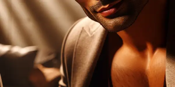 A handsome male protagonist in a stylish outfit, set in a warm, intimate environment with romantic elements.