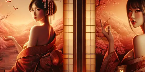 Two attractive Japanese actresses in a luxurious traditional room, conveying romance and passion amidst cherry blossom petals.