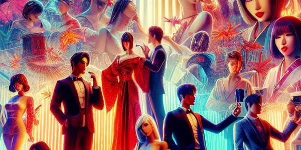 A vibrant film set featuring diverse actors blending Western and Japanese aesthetics in a dynamic, creative atmosphere.