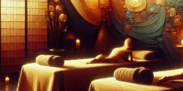 An intimate spa scene featuring silhouettes engaged in a sensual massage, surrounded by warm lighting and traditional Japanese decor.