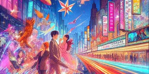 A vibrant film festival scene in a luxurious cinema, featuring enthusiastic fans and a dynamic film montage.