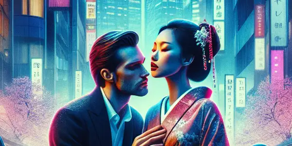 A couple shares an intimate moment in a vibrant, rain-soaked urban setting, surrounded by neon lights and cherry blossoms.