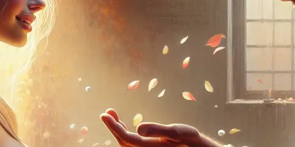 A cozy room scene depicting two characters sharing a tender moment of mutual affection and connection.