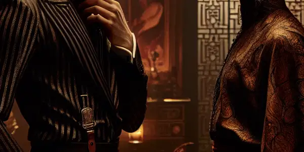 A tense confrontation between a dominant figure and a vulnerable character in a dimly lit, intimate setting.