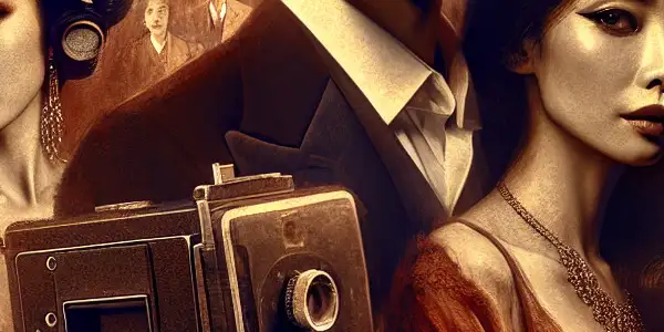 A dynamic film set featuring a charismatic couple in a romantic pose, surrounded by rich colors and cinematic elements.