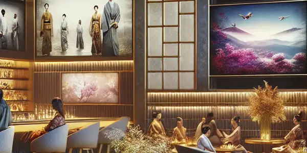 A luxurious lounge showcasing glamorous figures and high-definition adult videos in an intimate, sophisticated atmosphere.