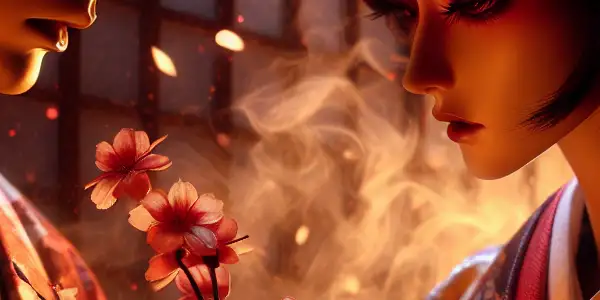 A dramatic intimate moment between two characters, one in traditional attire and the other in modern clothing, amidst cherry blossoms.