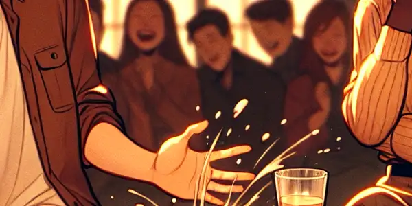 A comedic scene of two characters in a cozy room, navigating a playful yet awkward social situation.