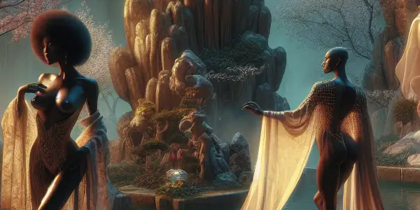 A serene garden scene featuring elegant figures in silk garments amidst cherry blossoms and flowing water, evoking intimacy and desire.