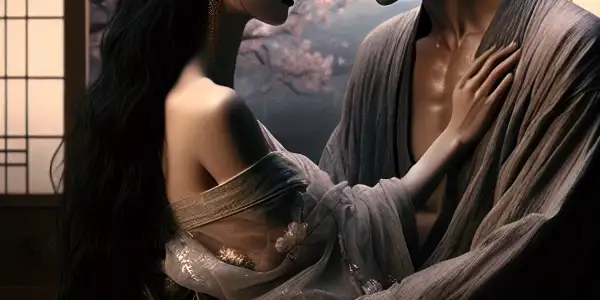 A couple in a passionate embrace in a dimly lit, luxurious Japanese room, conveying secrecy and desire.