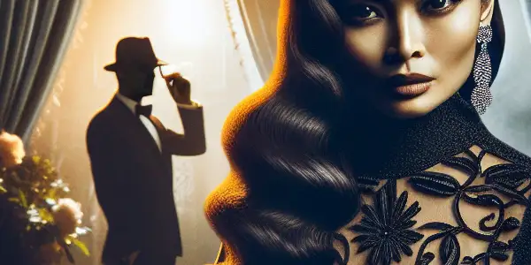 A seductive female spy in a luxurious hotel room, exuding confidence and mystery, with a shadowy figure lurking nearby.