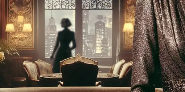 A seductive female spy poses confidently in a luxurious hotel room, surrounded by opulent decor and a lurking shadowy figure.