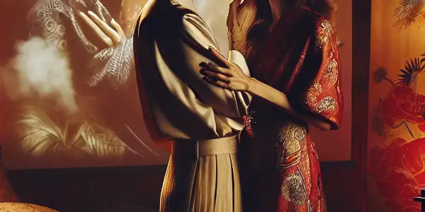 A luxurious, dimly lit room featuring a passionate couple in an intimate embrace, surrounded by romantic decor and cinematic elements.