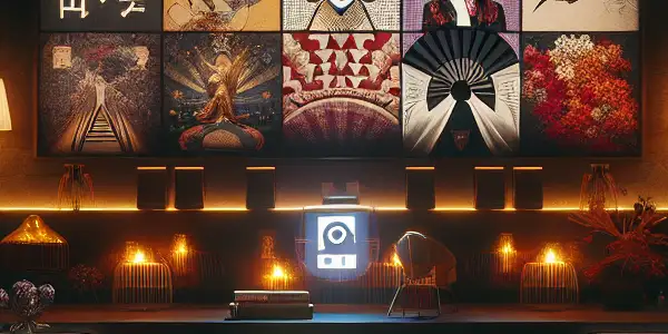 An intimate living room setting showcasing Japanese AV culture with cozy furnishings, ambient lighting, and abstract visuals.