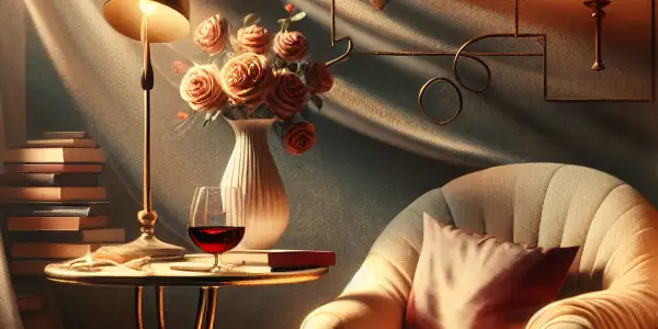 A cozy reading nook filled with erotic literature, a plush armchair, red wine, and warm, inviting lighting.