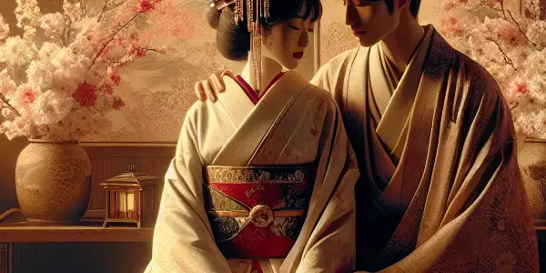 Intimate scene in a softly lit Japanese room, featuring elegant decor, silk fabrics, and cherry blossom petals.