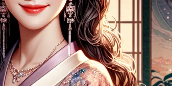 Glamorous Japanese woman in elegant lingerie, surrounded by cherry blossoms in a luxurious, softly lit setting.