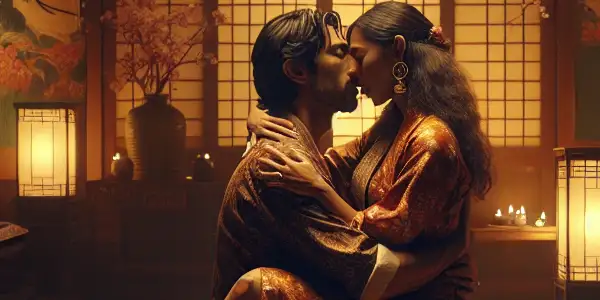 A passionate couple embraces in a warmly lit room adorned with traditional Japanese decor, embodying intense emotional connection.