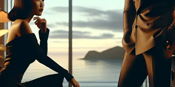 A flirtatious couple in a stylish office, hinting at an exotic beach escape through a large window.