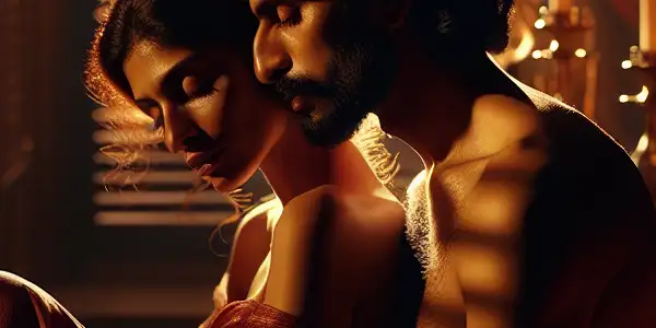 An intimate bedroom scene with two figures sharing a tender moment, illuminated by soft candlelight and rich colors.