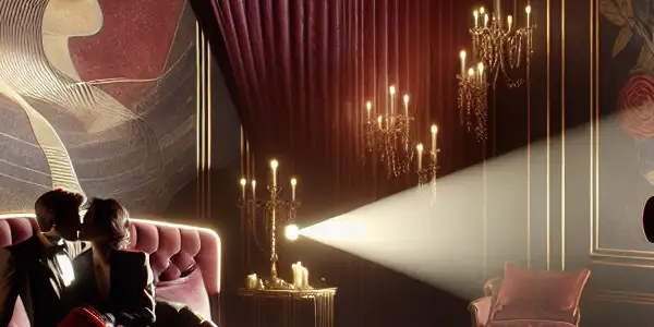 A luxurious bedroom scene with a couple in a passionate embrace, surrounded by roses and soft lighting.