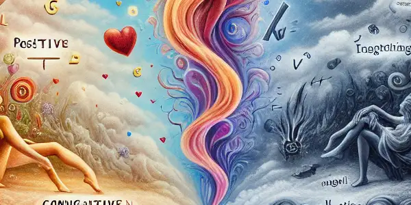 A split scene illustrating emotional connotation in language with vibrant positive imagery and dark negative elements.