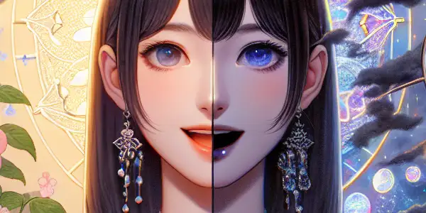 A split-scene illustration contrasting vibrant, positive imagery with dark, negative elements, exploring the emotional weight of language.