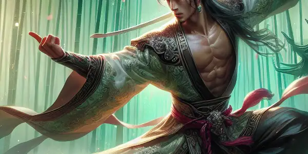 A charismatic martial artist engages in a dynamic fight in a misty bamboo forest, surrounded by cherry blossoms.