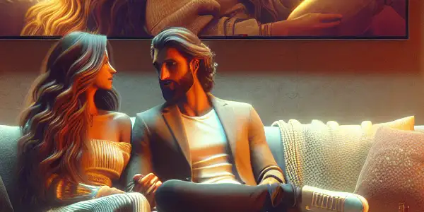 A cozy living room scene with a couple exploring intimacy while watching a romantic film together.