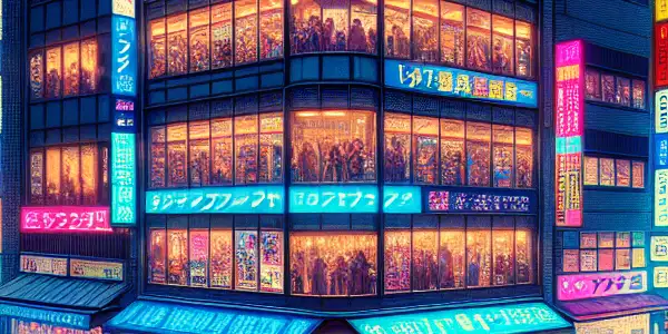 A vibrant night scene in Shibuya, Tokyo, showcasing neon-lit streets and tourists exploring adult entertainment culture.